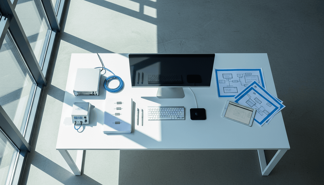 Modern workspace with specialized equipment and organized documentation