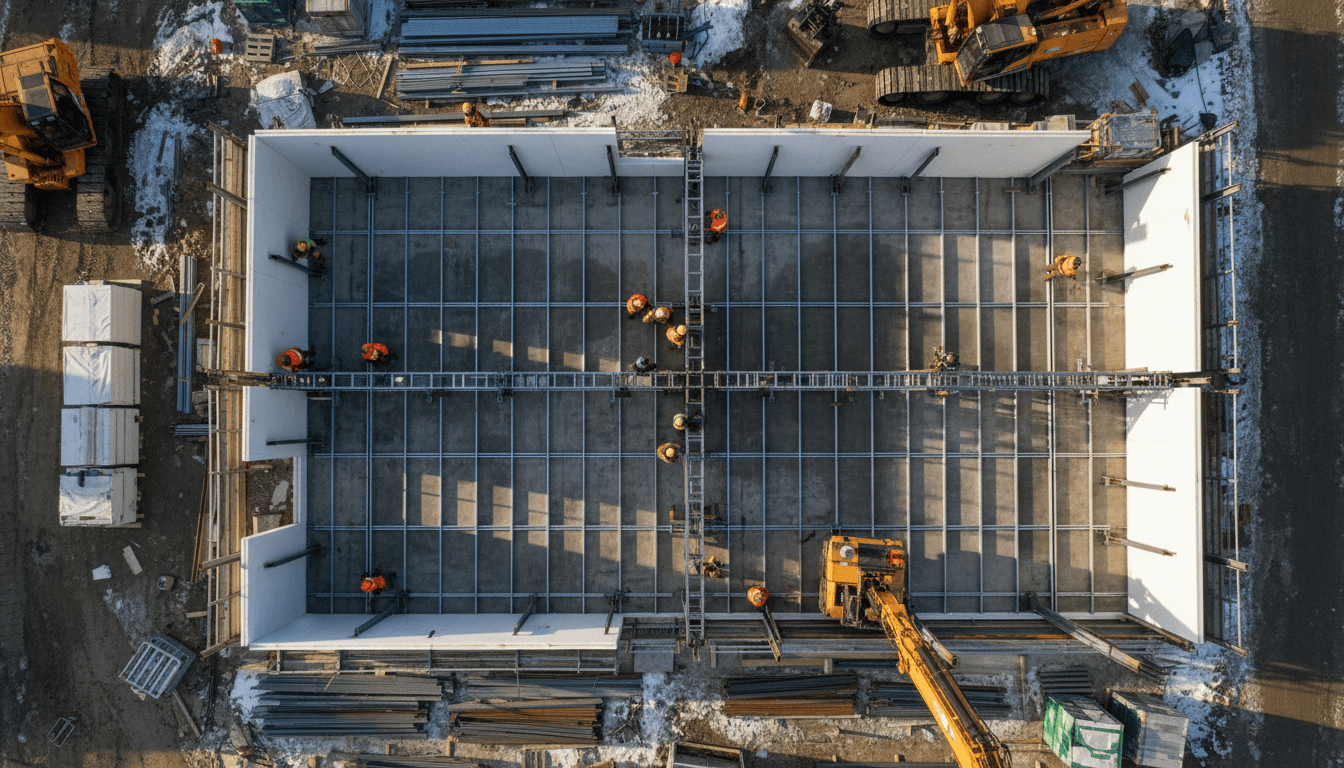 Overhead view of construction workers assembling insulated wall panels on foundation during active winter build